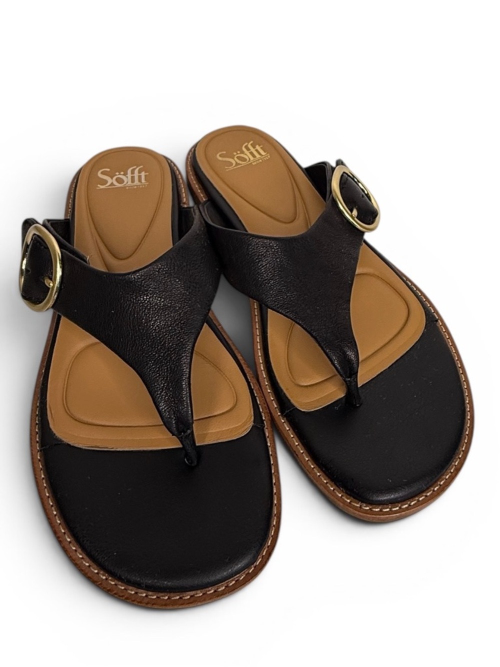 Söfft Black Leather Thong Sandals w/ Gold Buckle – Size 8.5M
